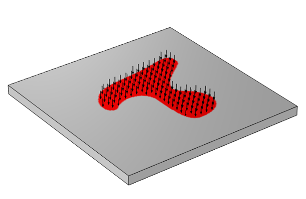 施加在一块材料上的非均匀热负荷示意图，以红色和黑色箭头显示，显示为灰色方块