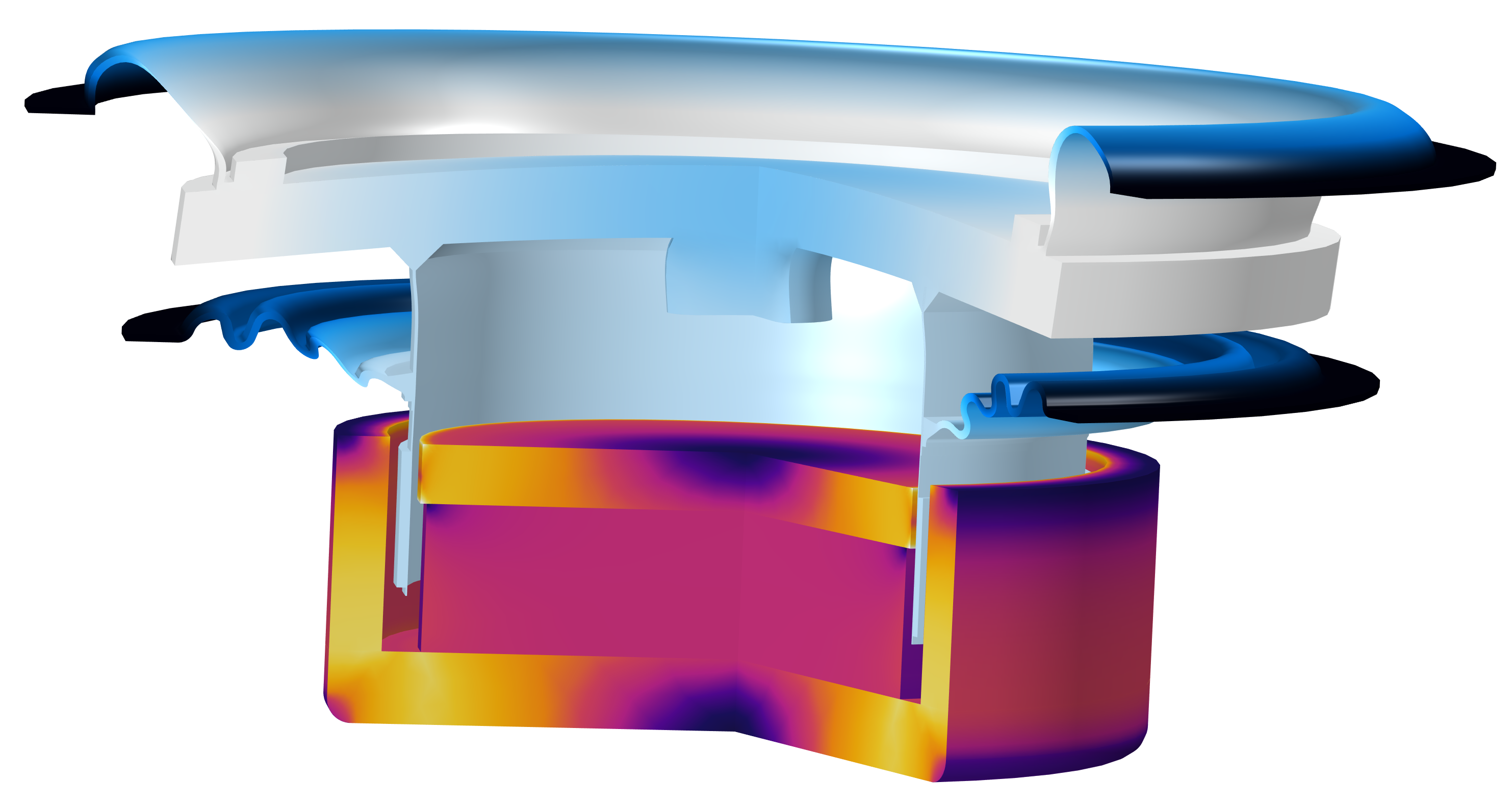 完全耦合的 BMR 扬声器模型，振膜以蓝色渐变显示，驱动器以洋红色和橙色显示