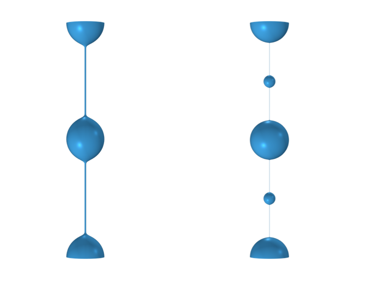 黏弹性流体的长丝，它上面的珠状液滴通过细线连接，并以蓝色显示（左）。黏弹性流体的长丝，其间有大的珠状液滴和较小的卫星液滴，以蓝色显示(右)。