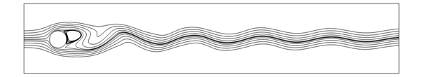 雷诺数为 100 时圆柱周围流线的 2D 图像，线条呈弯曲和波浪状
