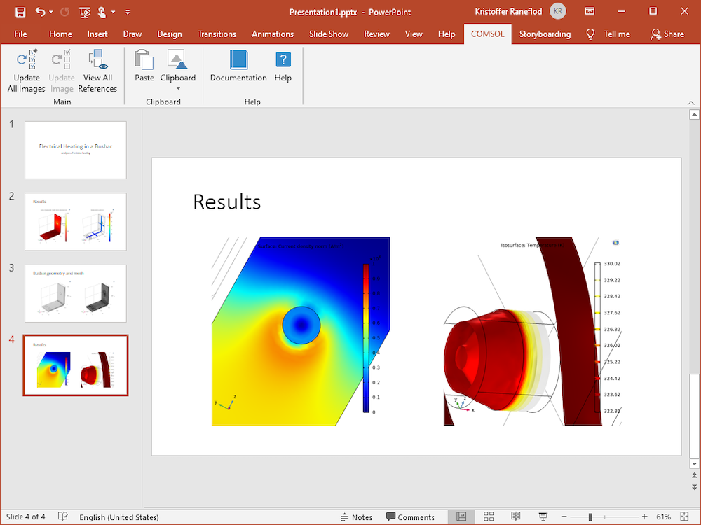 PowerPoint 应用程序的屏幕截图以编辑模式在幻灯片放映中打开，左侧有 4 个幻灯片缩略图，一张打开的幻灯片带有两个模型图像。