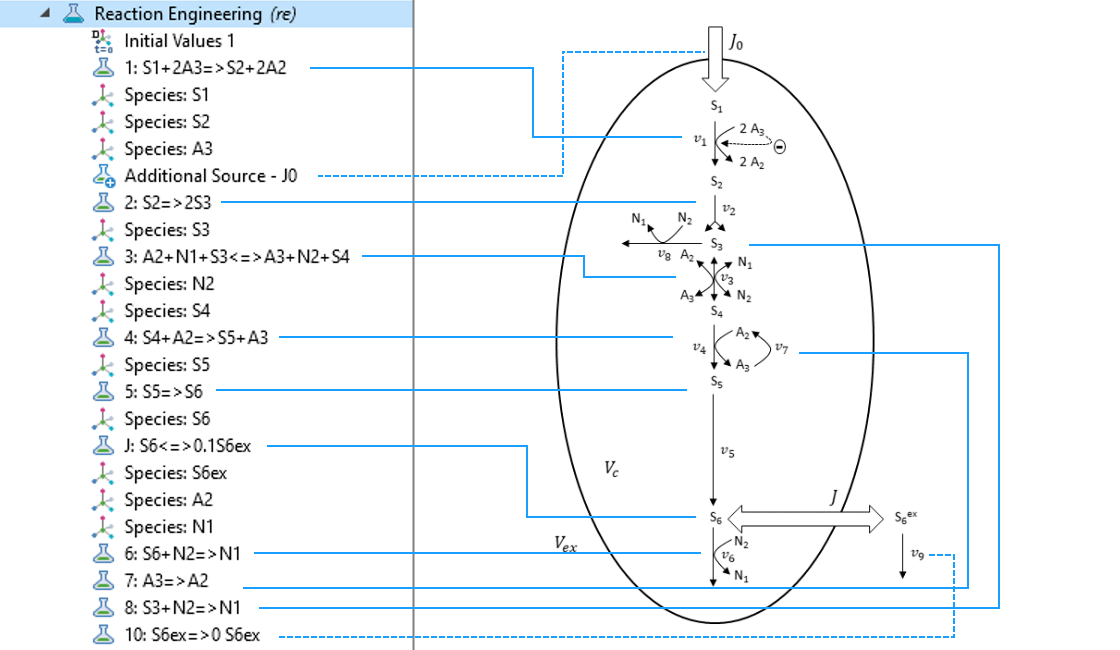 模型树中反应工程界面的屏幕截图，右侧是反应方案，蓝色箭头指向相关方程