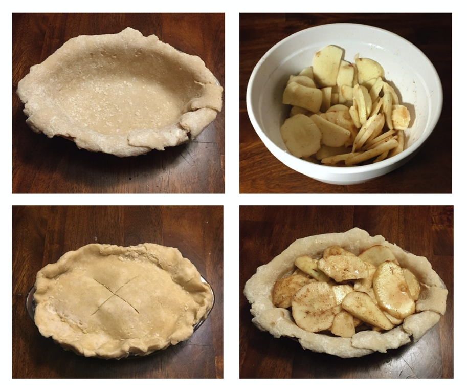 4张照片组成的网格显示了苹果派烘焙过程的不同阶段。