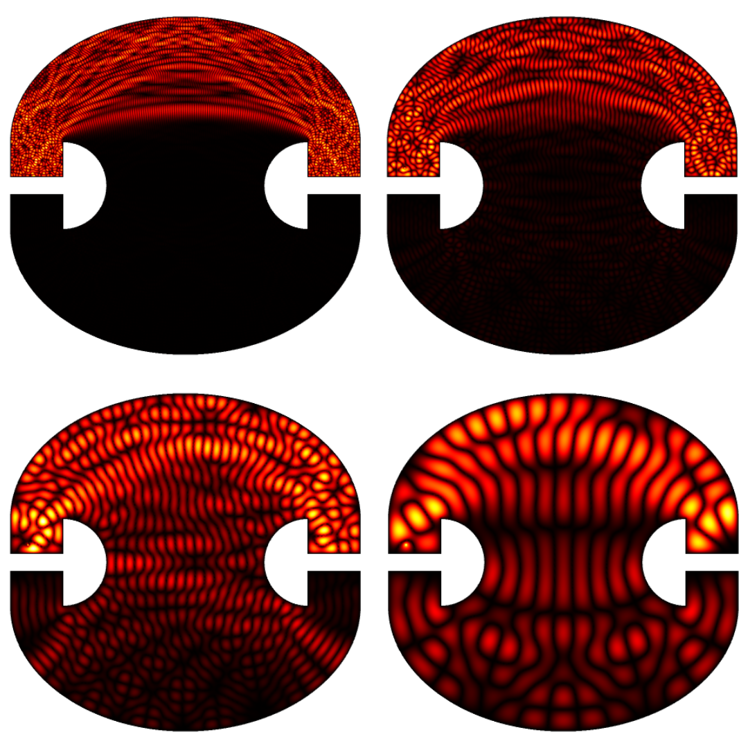 This image shows four different simulated field distributions in the frequency domain for a model of the Penrose unilluminable room.