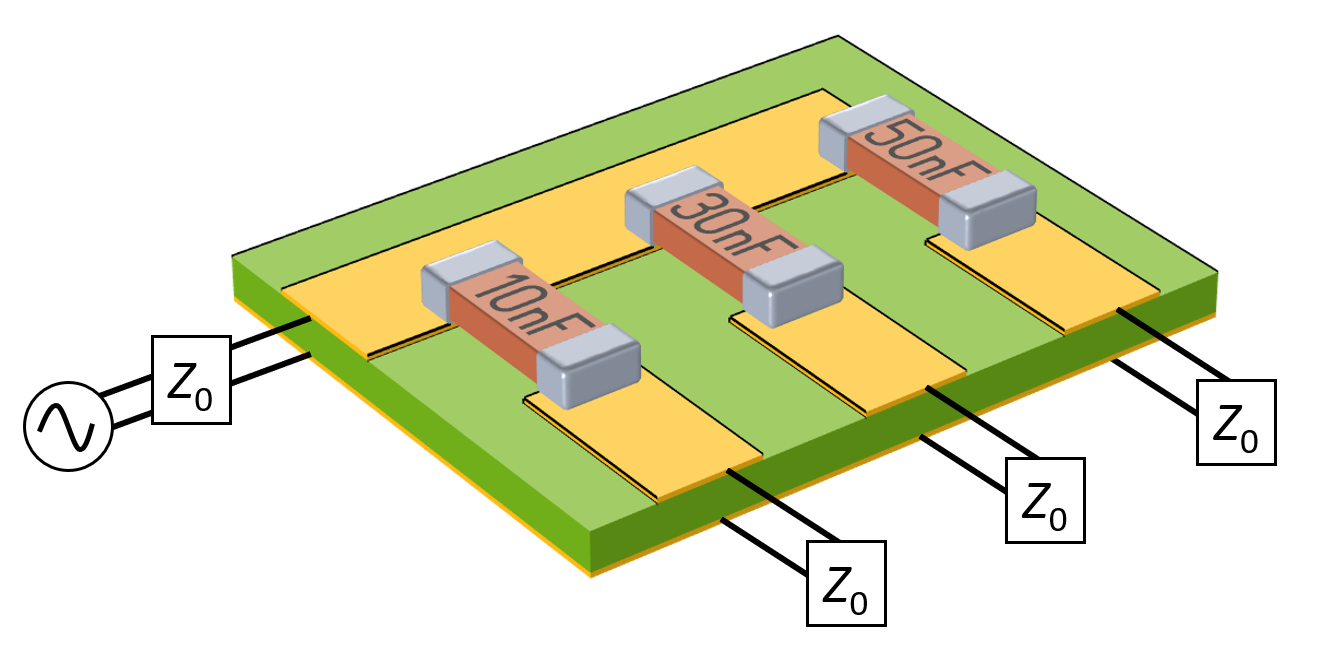 印刷电路板的部分模型，由200 µm厚的接地地板和铜线组成。