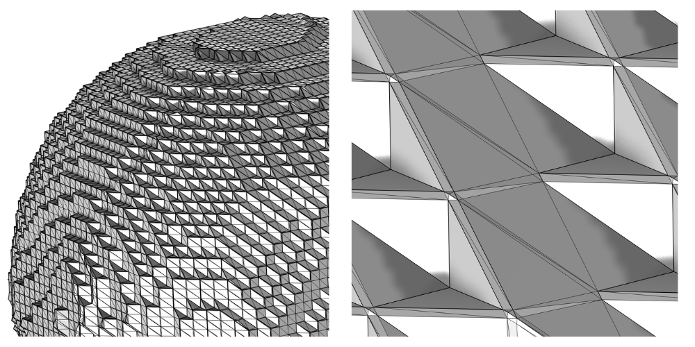 左边是导入的过滤网格，右边是过滤网格的特写。网格由大三角形、小三角形和银色三角形组成。