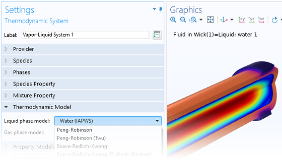 A closeup view of the Thermodynamic System settings and a heat pipe model in the Graphics window.