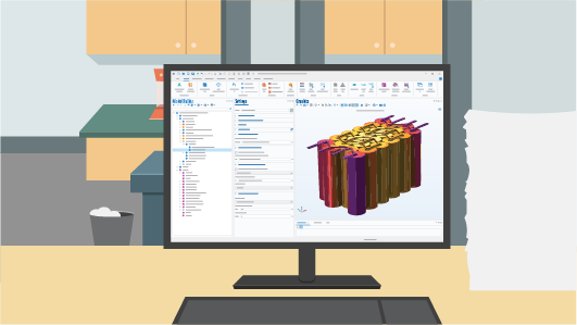 An illustration of a tidy room with a computer running simulation software and a tall stack of paper next to it.