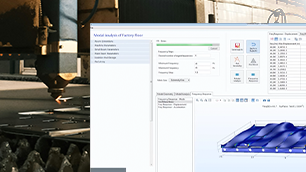 The floor of a factory in the background with a simulation app analyzing the vibrations in a factory floor in the foreground.