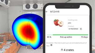 A produce storage room in the background with a model of an apple and a cellphone running an app in the foreground.