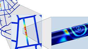 A model of a municipal pipe network with a specific segment highlighted and shown zoomed in as an inset.