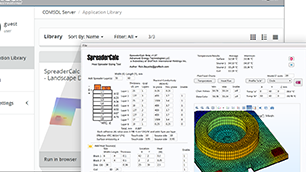 A COMSOL Server app library in the background with an inset of a specific simulation app from that library in the foreground.