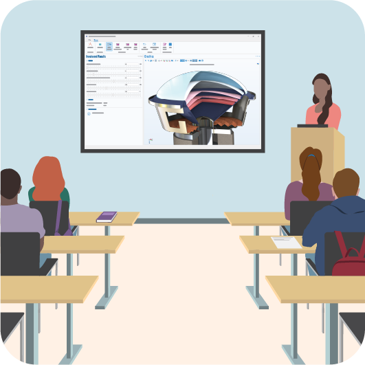 An illustration of a classroom with a professor showing students a simulation app on the projector screen.