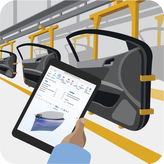 An illustration of an automotive factory with car doors hanging on the production line and someone holding a tablet showing a simulation app of a car door.