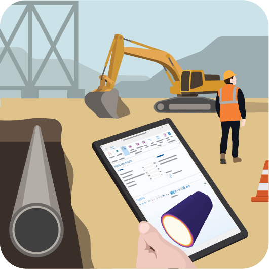 An illustration of a construction site with an excavator, construction worker in a hardhat and orange vest, a pipe in the ground, and someone holding a tablet with a simulation app of the pipe.