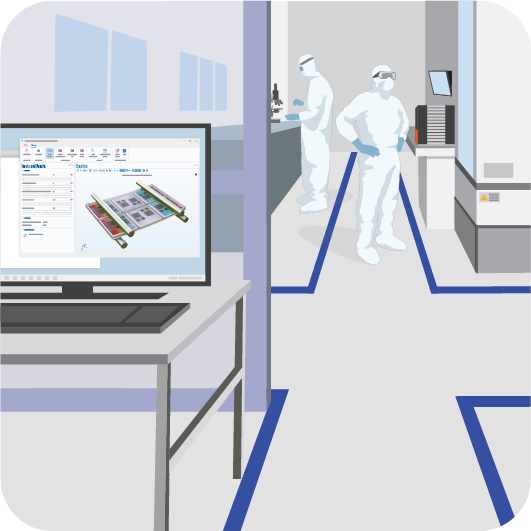 An illustration of a lab clean room with researchers in the background and a computer running a simulation app in the foreground.