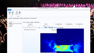 A stage and audience in the background and a simulation app for acoustics analysis in the foreground.