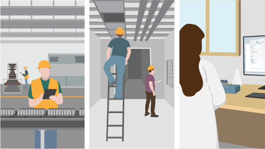 An illustrated triptych showing a factory line worker, an engineer climbing a ladder, and a scientist in a lab.