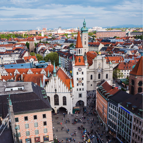 A bird's-eye view of the Old Town Hall in Munich, Germany.