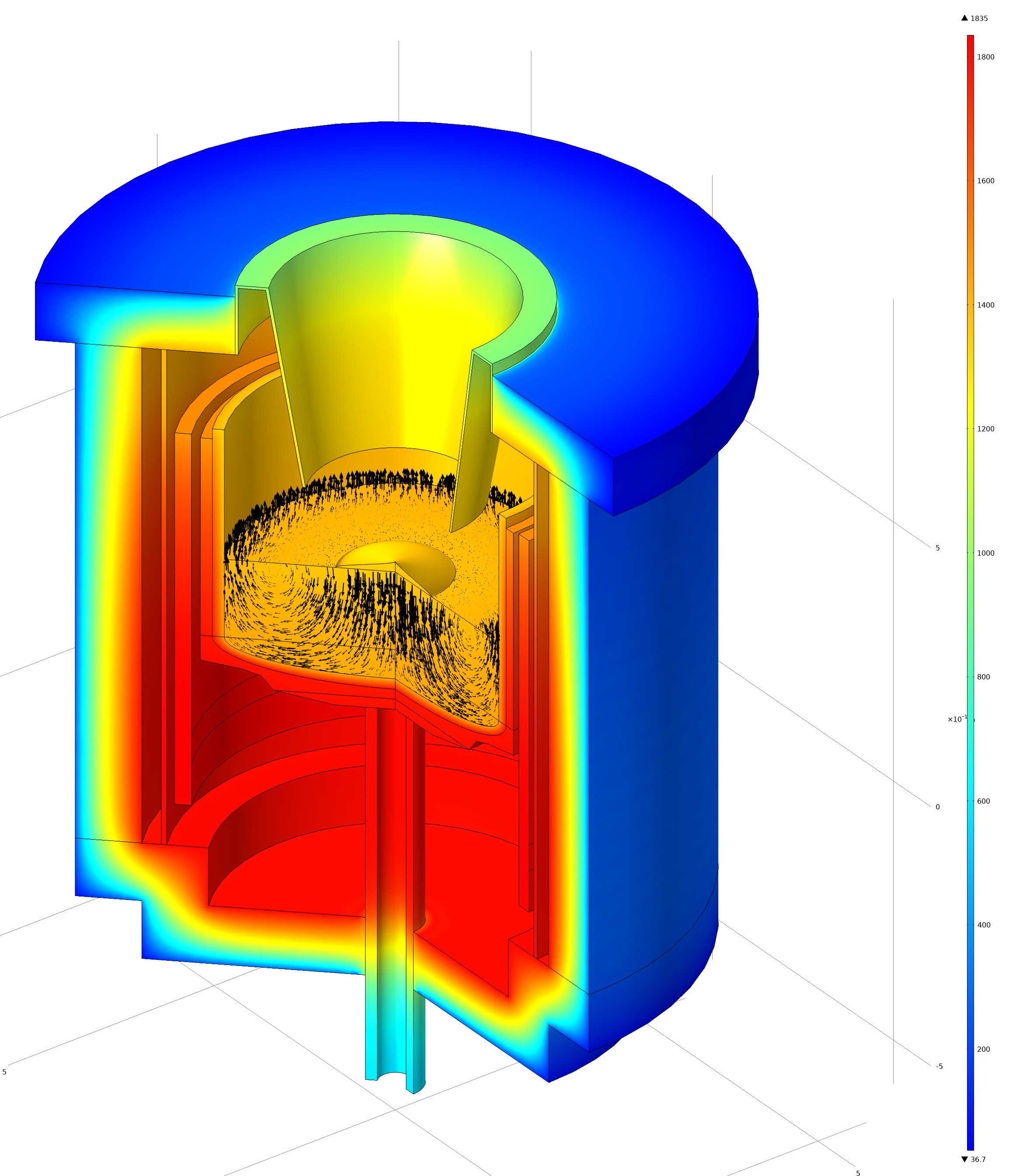 A COMSOL Multiphysics simulation showing crystal growth.