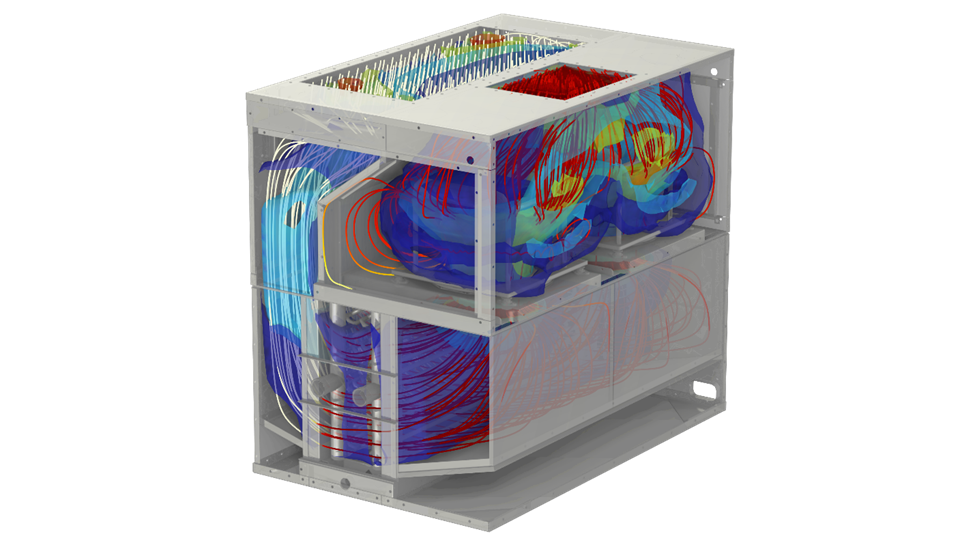 A simulation of temperature and pressure gradients in a heat exchange manifold.