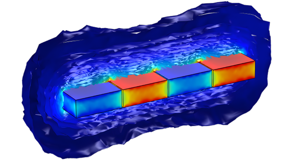 A simulation of magnetic field strength surrounding an alternating magnetic braking assembly.