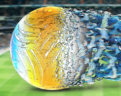 A model image of the flow velocity relative to the ball, with the ball on the left and its wake shown in blue on the right.