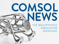 A closeup view of a part produced through the metal powder bed fusion process with the COMSOL News logo overlaid in the top-right corner.