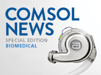 La couverture de COMSOL News Biomedical avec une pompe cardiaque.