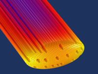 硬木生物量颗粒模型的裁剪视图，在热摄像机颜色表中显示温度。