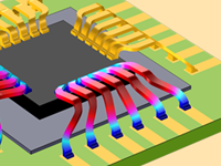A cropped view of an electro-thermal-mechanical model of bond wires on a chip.