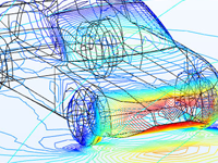 Ecoulement d'air autour d'une voiture représentée en couleurs arc-en-ciel.