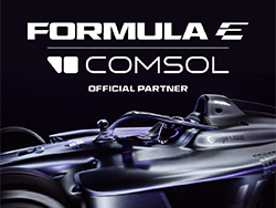 A dark purple Formula E car with the Formula E and COMSOL logos above it.