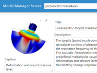 A close-up screenshot of the Model Manager server asset management system open to a model of a piezoelectric tonpilz transducer, which features a caption below it and a title and description to the right of it.