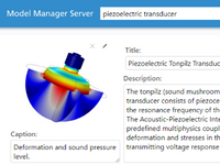 Une vue rapprochée du système de gestion des ressources du serveur du Gestionnaire de modèles ouvert sur le modèle d'un transducteur piézoélectrique tonpilz, avec une légende en dessous, un titre et une description en partie droite.