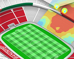 Planar sound pressure level map above a section of the stands of a stadium, with the highest dB areas marked in red, and the output of two speakers.