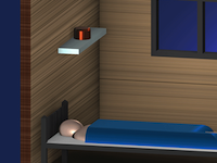 小屋模型的特写视图，有个人正在里面睡觉，床的上方有一个捕蚊器。