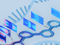 Ein Modell eines mikrofluidischen Systems mit einer Abbildung eines RNA-Strangs im Hintergrund.