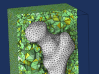 Gros plan sur un maillage de simulation d'un fémur et du domaine environnant.