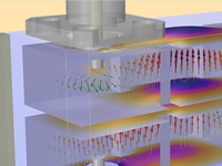 A close-up view of a cavity filter model with partial transparency to reveal the EM field inside.