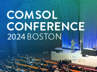 Ein Plakat mit der Aufschrift COMSOL Conference 2024 BOSTON und einem Auditorium im Hintergrund.