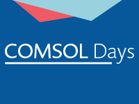 White COMSOL Days logo on a dark blue background and light red and teal triangles.