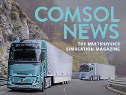 The cover of COMSOL News 2026, which features a real-world image of a Volvo electric truck
