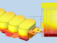 A model showing thermal effects inside of a DC link capacitor design.