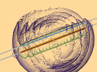 A model image displaying the electromagnetic density in and around an electrical circuit over time.