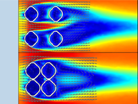 Simulation CFD d'un organisme Ernietta avec un écoulement représenté en couleurs arc-en-ciel.