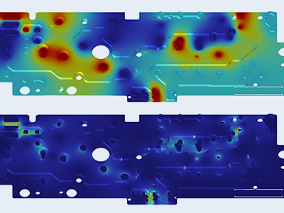 Two simulations showing electric potential on a PCB (top) and current density distributions on a PCB (bottom).