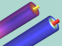两个并排显示的圆柱形锂离子电池模型。