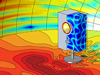 A model showing a full vibroacoustic analysis of a loudspeaker’s driver, cabinet, and stand.