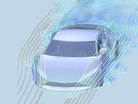 Fluid flow around a sports car shown in blue and yellow.